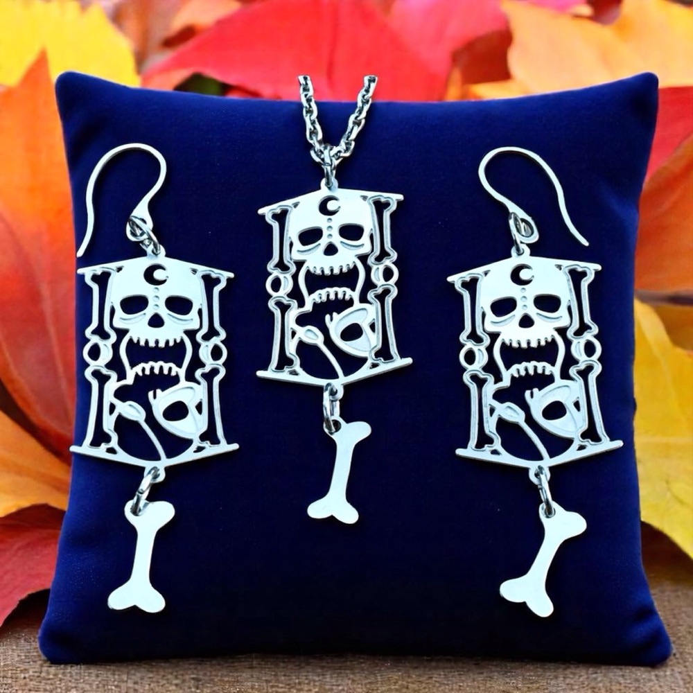 🆕 Skull and Bones Laser Etched Necklace and Earrings Set Stainless Steel